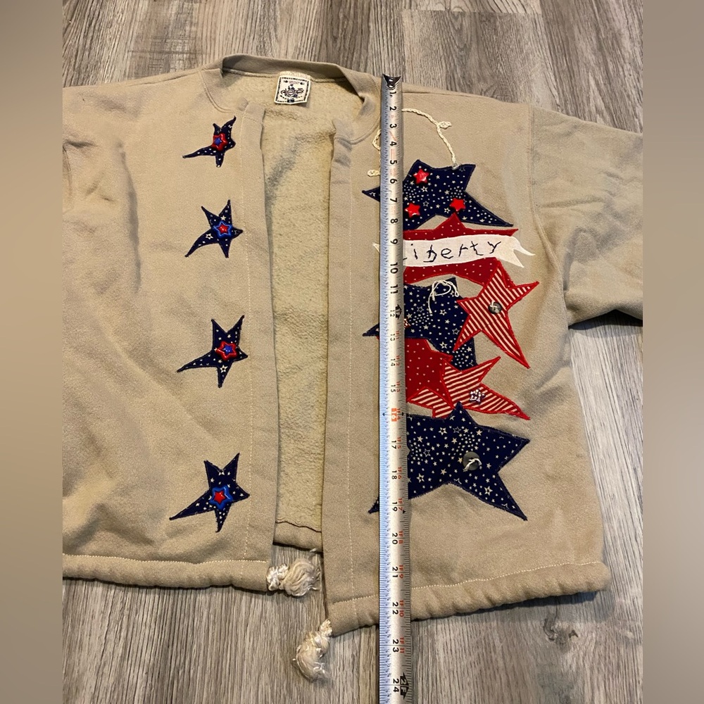 Vintage Liberty American Flag Knit Sweater Cardigan Alore Tan Size Large - Picture 5 of 7